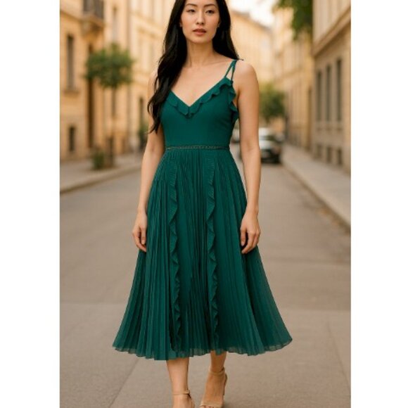 Never a Dull Moment Emerald Green Tie-Strap Pleated Midi Dress Size XXS New NWT - Picture 11 of 11